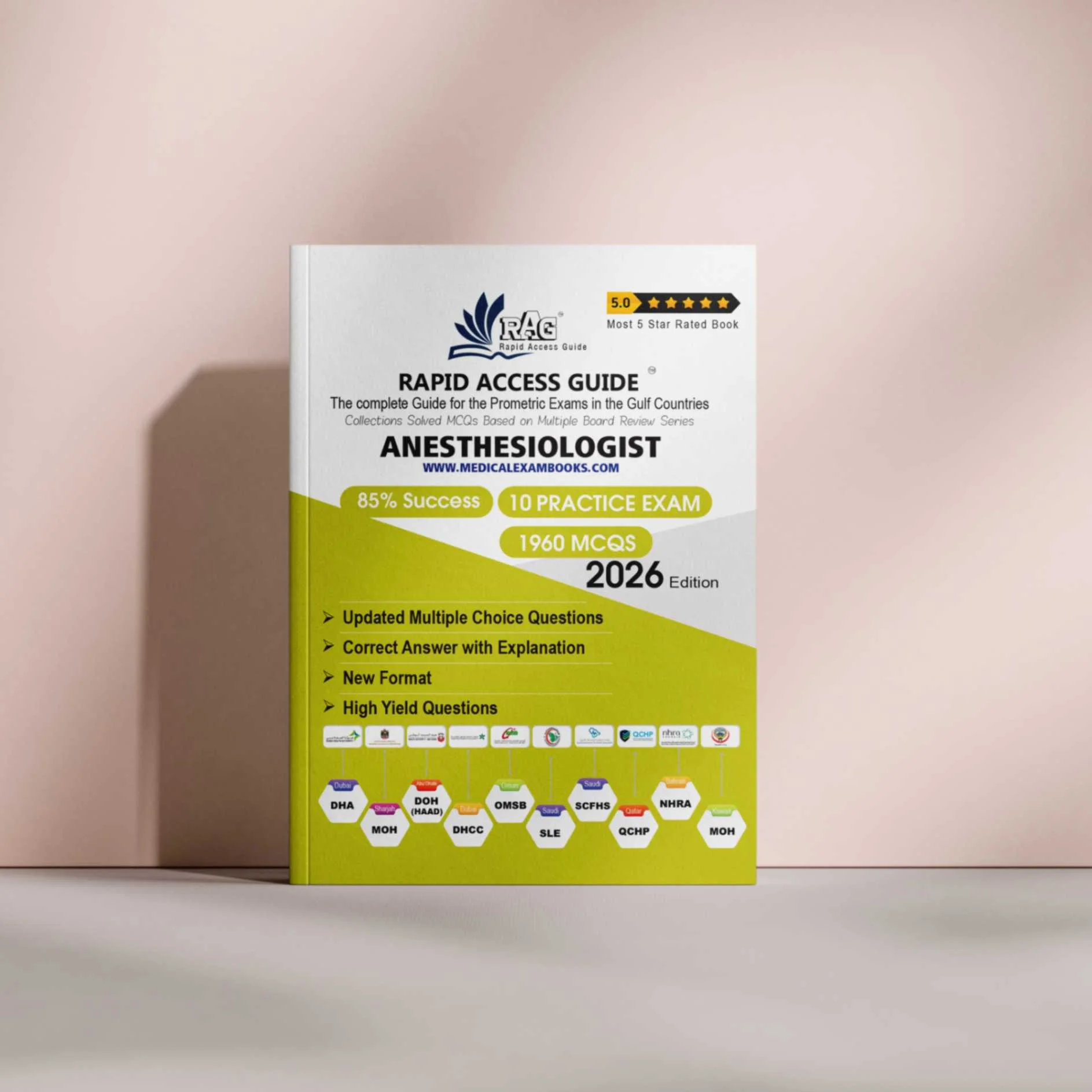 Anesthesiology Prometric MCQ review book for Gulf exams, designed for anesthesiologists with exam-oriented clinical questions, mock tests, and updated explanations – 2026 edition