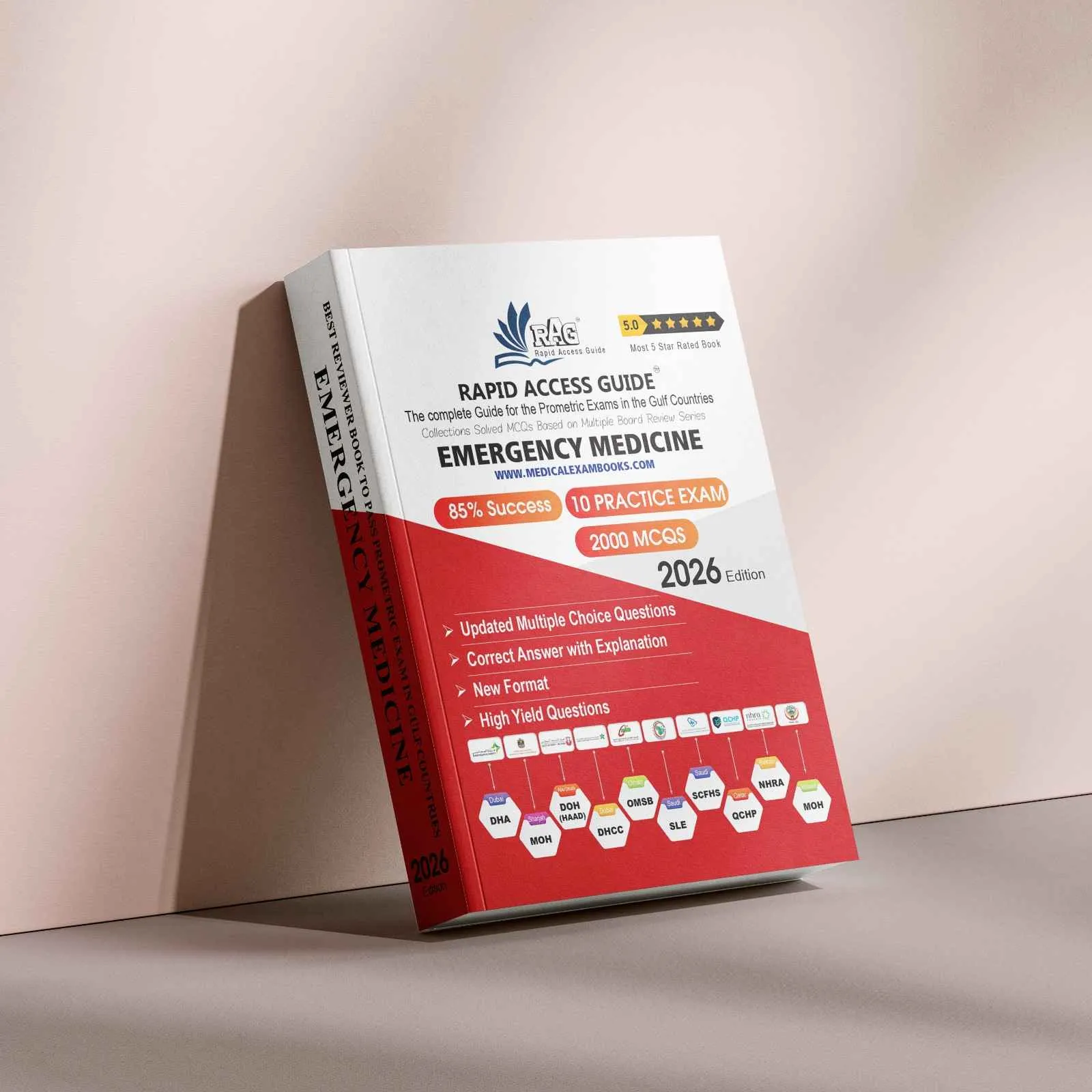 Emergency Medicine Prometric exam preparation book 2026 by Rapid Access Guide, featuring emergency medicine MCQs, practice exams, updated explanations, and coverage for DHA, MOH, DOH HAAD, DHCC, OMSB, SCFHS, QCHP, and NHRA