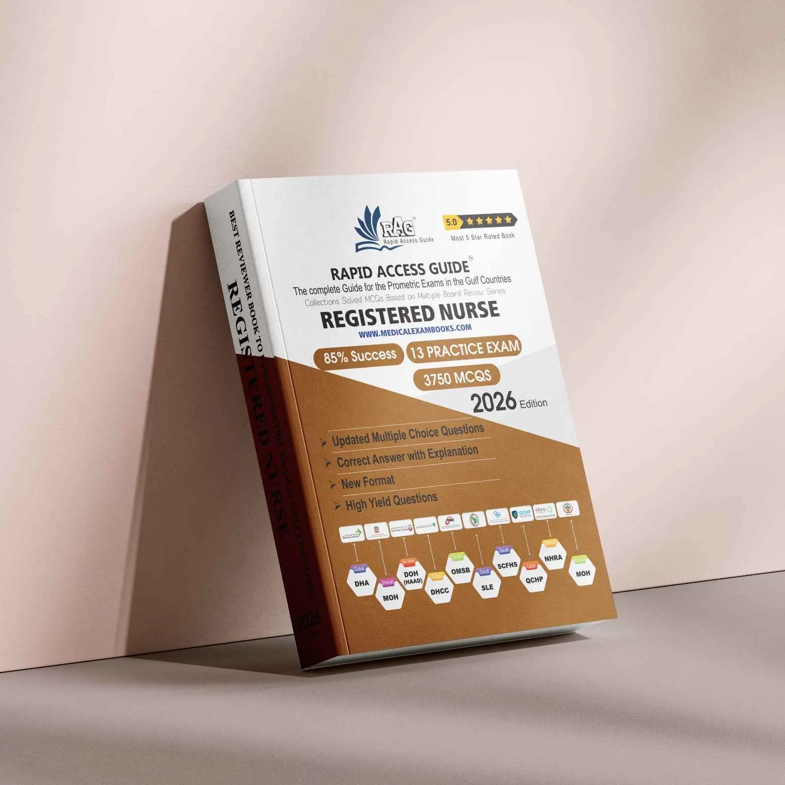 Registered Nurse Prometric exam preparation book 2026 by Rapid Access Guide, featuring nursing MCQs, practice exams, updated explanations, and coverage for DHA, MOH, DOH HAAD, DHCC, OMSB, SCFHS, QCHP, and NHRA